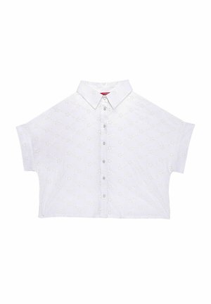 Hvid cropped skjorte med spidse kraver, der har blomsterbroderi og en knaplukning foran. Korte ærmer med en afslappet pasform.