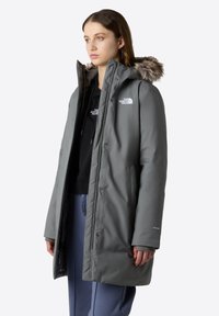 Grå isoleret jakke med pelsforet hætte, lynlås og The North Face-logo. Sammen med en sort hættetrøje og blå bukser.