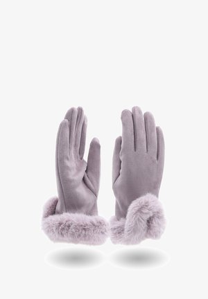 Un paio di guanti morbidi di color lavanda con polsi di pelliccia soffice, mostrati con un palmo rivolto in avanti e l'altro indietro.