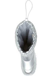 Silver waterproof boot with a soft gray interior, featuring a gathered collar and a loop for easy carrying or storage.