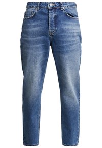Blue denim jeans with a relaxed fit, featuring subtle fading and a classic five-pocket design. Traditional button and zipper closure.