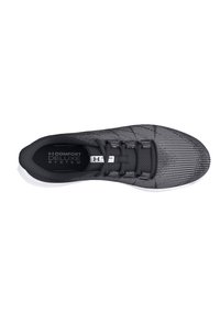Scarpa sportiva nera con tomaia texturizzata caratterizzata da linee orizzontali, suola bianca liscia e lacci per una vestibilità sicura.