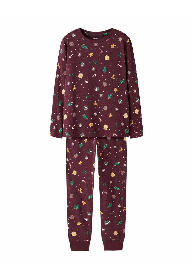 Maroons pajamas set with long sleeves and pants featuring a festive pattern of gingerbread, candy canes, and Christmas trees. Soft, cotton material.