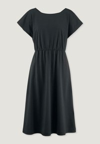 Schwarzes, kurzes Kleid mit kurzen Ärmeln, weitem Ausschnitt und elastischem Bund. Der weiche Stoff fällt knielang mit einer glatten Textur und schlichter Gestaltung.