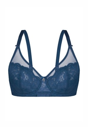 Spitzen-BH in Tiefblau mit transparenten Einsätzen. Verfügt über verstellbare Träger und eine herzförmige Metallverzierung in der Mitte.