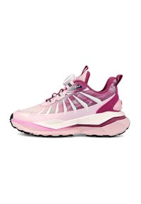 Zapatilla deportiva ligera, en rosa y blanco, con parte superior de malla, diseño estriado único, suela acolchada y un dial para ajustar el ajuste.