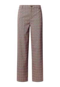 Grå rutiga byxor med breda ben, med en lätt glans och en knappstängning i midjan. Mönstret har röda accenter.