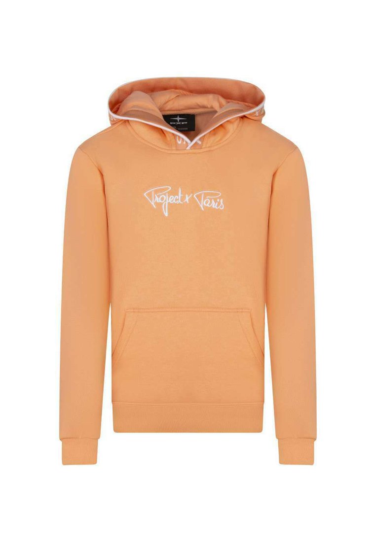Sweat à capuche orange avec une poche frontale et un logo "Project x Paris" brodé en blanc. Doté d'une capuche avec cordon de serrage et de bords côtes. Texture douce.