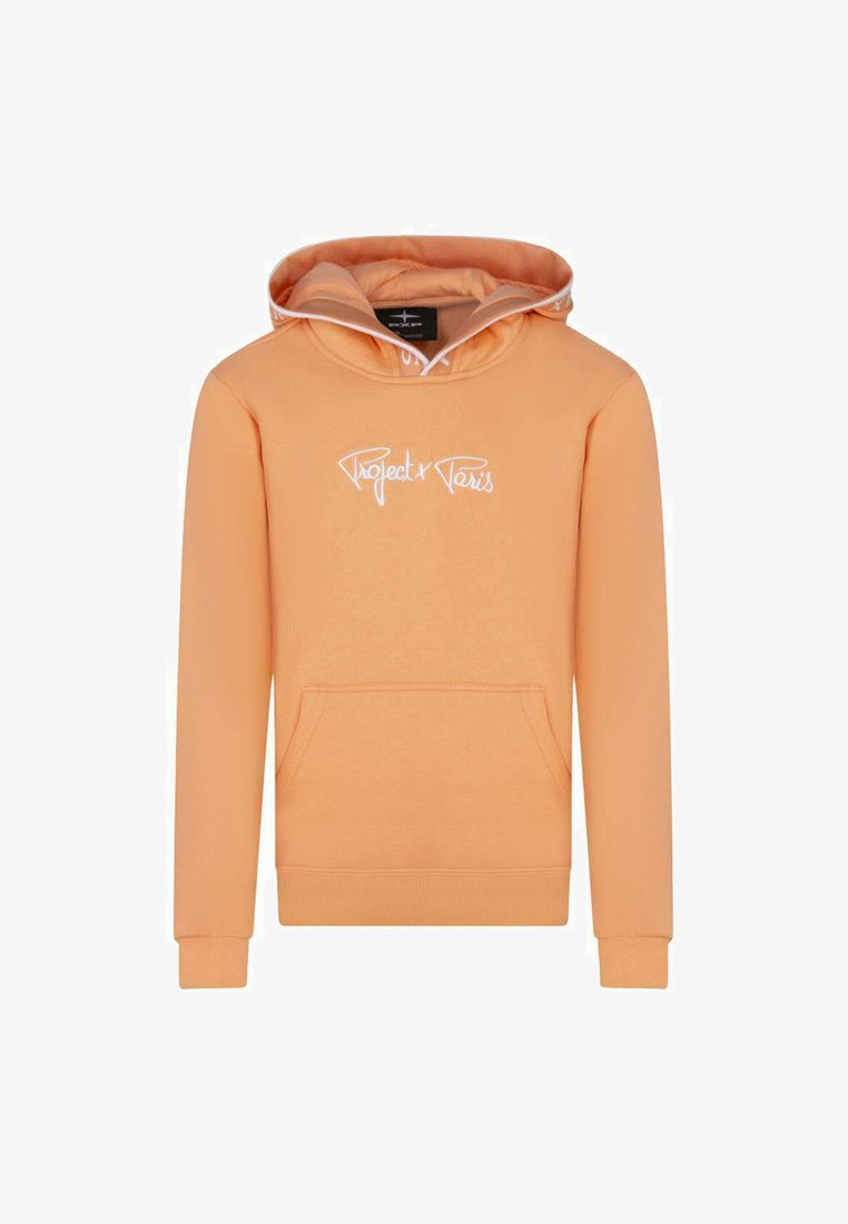 Sweat à capuche orange avec une poche frontale et un logo "Project x Paris" brodé en blanc. Doté d'une capuche avec cordon de serrage et de bords côtes. Texture douce.