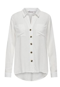 Camicia bianca a maniche lunghe con colletto, due tasche sul petto e bottoni marroni sul davanti; texture liscia con orlo arrotondato.