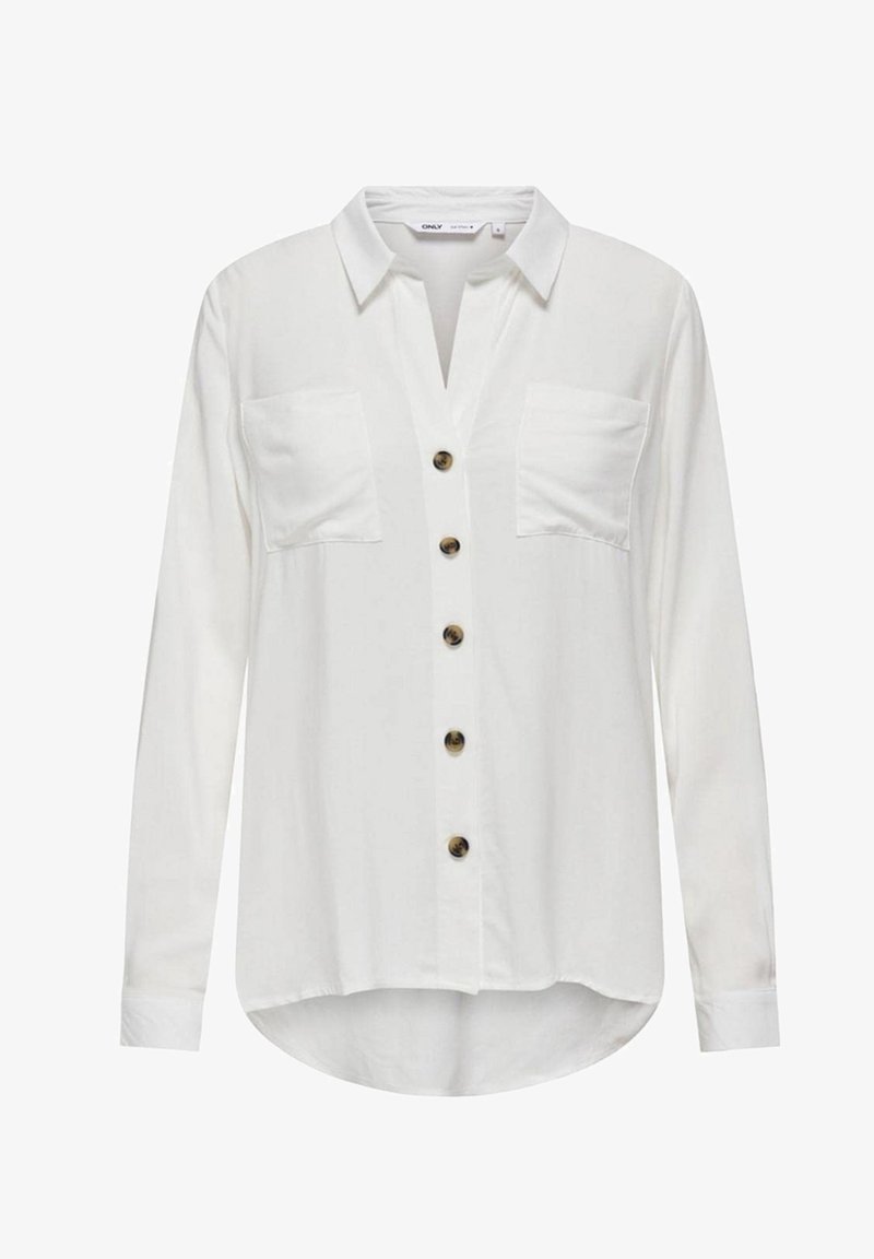 Camicia bianca a maniche lunghe con colletto, due tasche sul petto e bottoni marroni sul davanti; texture liscia con orlo arrotondato.