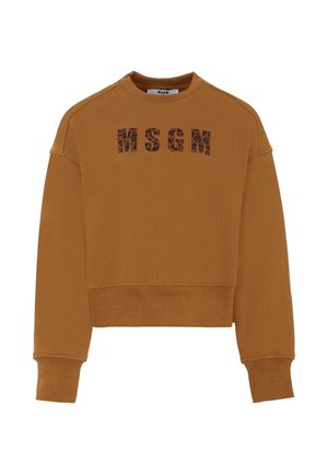 Maglione corto marrone realizzato in morbido tessuto, con il nome del marchio "MSGM" in un design a stampa leopardata sul petto.
