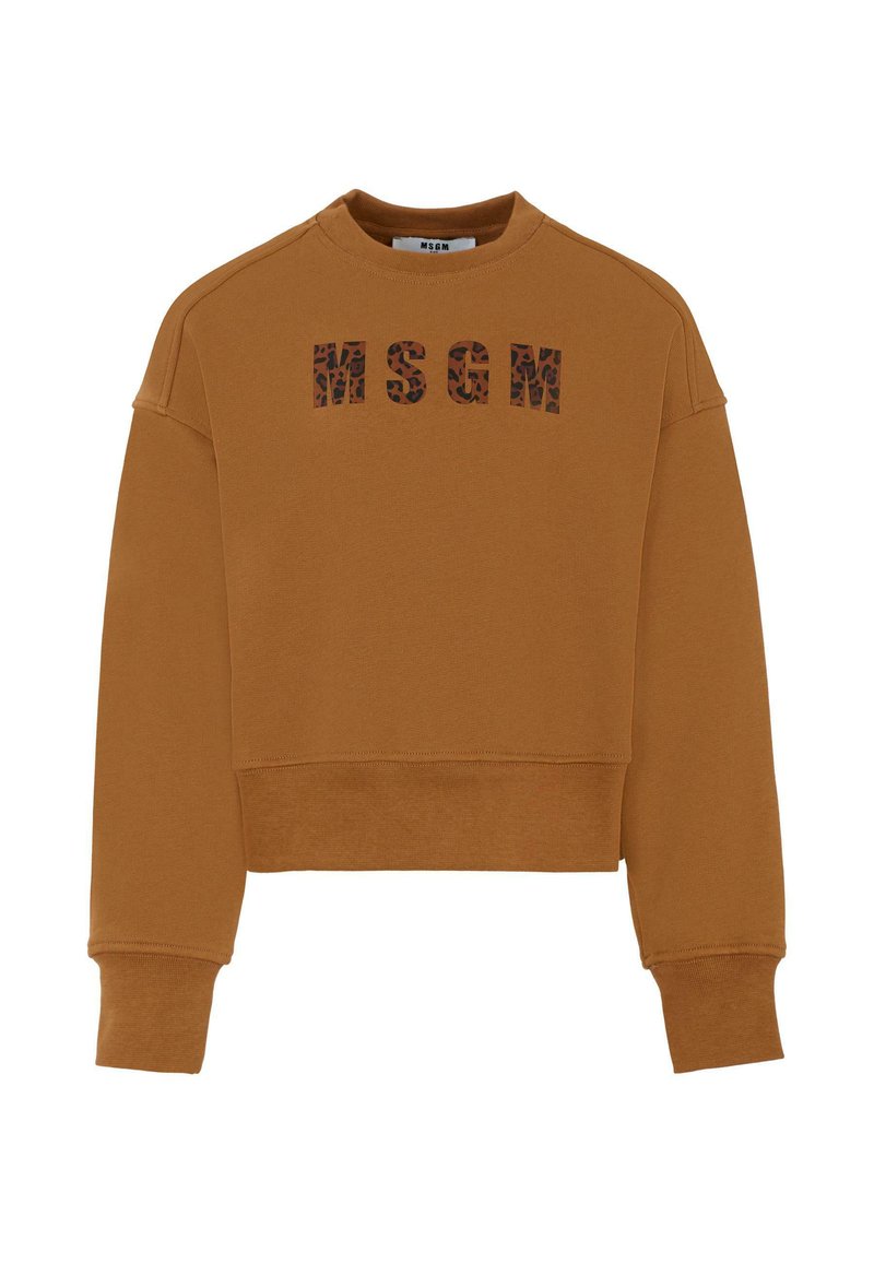 Maglione corto marrone realizzato in morbido tessuto, con il nome del marchio "MSGM" in un design a stampa leopardata sul petto.