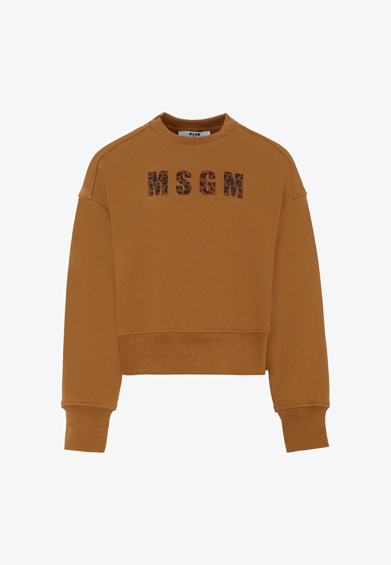 Sweatshirt court marron en tissu doux, présentant le nom de la marque "MSGM" dans un design léopard sur la poitrine.