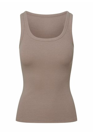 Brązowy prążkowany top na ramiączkach z kwadratowym dekoltem, wąski krój i gładka faktura. Posiada szerokie ramiączka i wyraźnie zdefiniowaną sylwetkę.