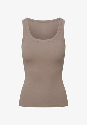Brown ribbed tank top with a square neckline, slim fit, and smooth texture. Features wide shoulder straps and a defined silhouette.