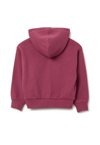 Felpa corta color marsala con cappuccio regolabile, polsini e vita a coste. Tessuto liscio, design casual e senza loghi o decorazioni visibili.