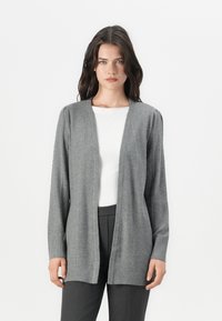 Gray knitted cardigan with a V-neck, long sleeves, and ribbed texture. The design features vertical lines and an open front.