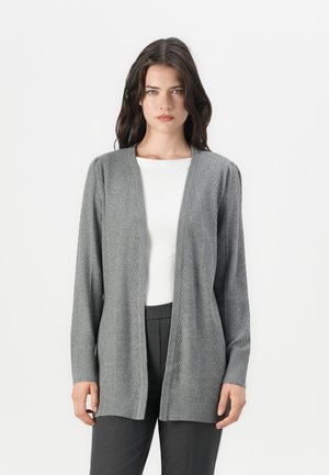 Gray knitted cardigan with a V-neck, long sleeves, and ribbed texture. The design features vertical lines and an open front.