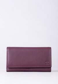 Purple leather wallet with a smooth texture, featuring a folded design, subtle stitching, and a small embossed logo in the bottom corner.
