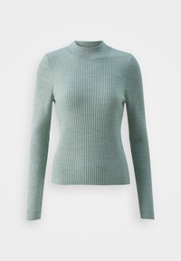Gerippter Langarmpullover in sanftem Grün, mit hohem Kragen und enganliegendem Design, das eine glatte Textur und subtile Elastizität betont.