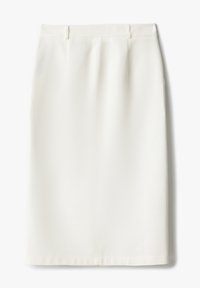 Jupe crayon blanche en tissu lisse. Présente une silhouette ajustée, deux plis avant et une coupe au niveau des genoux. Aucun détail matériel visible.