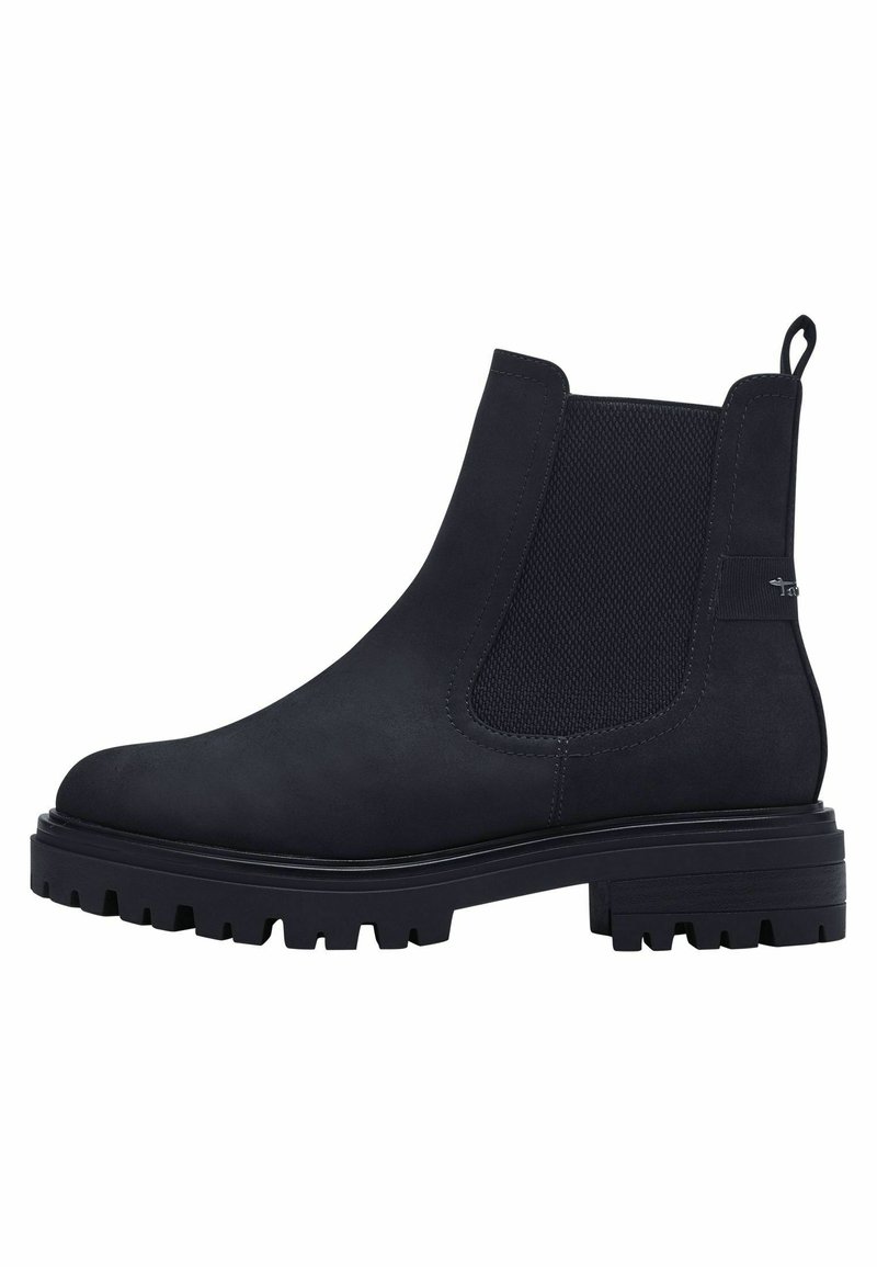 Bottine Chelsea en cuir noir avec panneau latéral élastique, languette à l’arrière et semelle crantée robuste.
