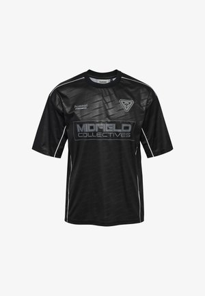 Schwarzes Fußballtrikot mit kurzen Ärmeln und Rundhalsausschnitt, mit silbernen Akzenten, "MIDFIELD COLLECTIVES" Logo und einer strukturierten Musterung.
