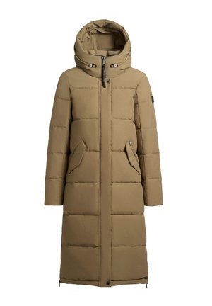 Lichtbruin puffer jas met een capuchon, voorzien van een ritssluiting, twee voorzakken en een quilted design met horizontale secties.