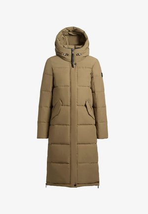 Piumino marrone chiaro con cappuccio, dotato di chiusura con zip, due tasche frontali e design trapuntato con sezioni orizzontali.