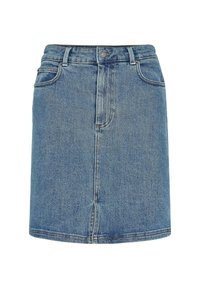 Jupe mini en denim bleu avec boutons sur le devant, fermeture éclair, passants de ceinture et deux poches avant.