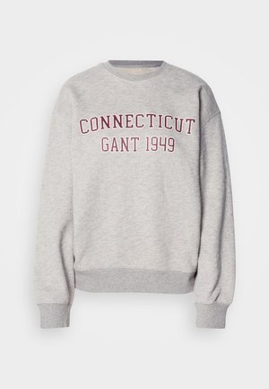 Gray sweatshirt made of cotton blend, featuring a crew neck, long sleeves, and the text "CONNECTICUT GANT 1949" in burgundy.