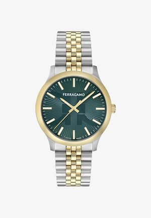 Ferragamo Armbanduhr mit grünem Zifferblatt, zweifarbiger Metallarmband in Gold und Silber, goldenen Stundenmarkierungen und drei Zeigern, die 10:10:36 anzeigen.