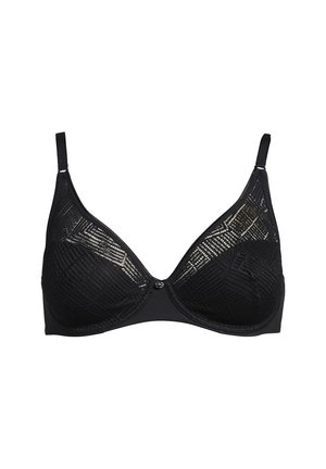 Zwarte beha met driehoekige cups, voorzien van een gestructureerde kanten overlay, verstelbare bandjes en een klein decoratief accent in het midden.