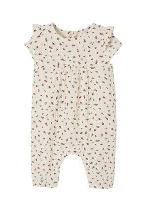 Light cream romper featuring floral print in pink and green. Short frill sleeves, pleated bodice, and elasticized cuffs at the ankles.