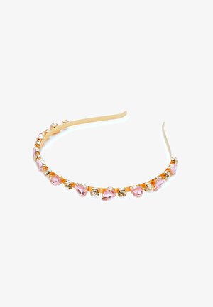 Goldfarbener Haarreifen mit abwechselnd pinken Tropfen- und klaren Rund-Rhinestones. Glatte Metalloberfläche mit leicht geschwungenem Design.