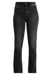 Jeans negros de tiro alto con pierna recta, fabricados en denim, con un aspecto desgastado, cinco bolsillos y cierre de botón metálico.