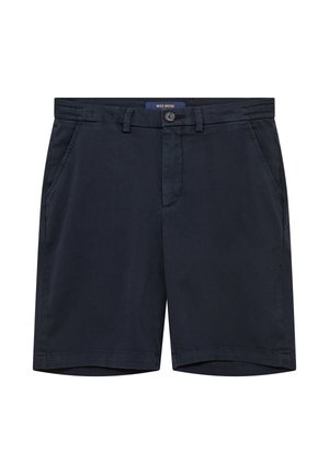 Navy blue men's cotton shorts with belt loops, button closure, zip fly, and side pockets.