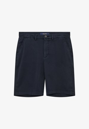 Navy blue men's cotton shorts with belt loops, button closure, zip fly, and side pockets.