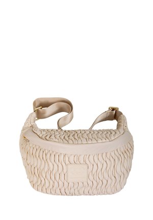 Beežist punutud rihmkott reguleeritava rihmaga, kuldse tooniga tarvikute ja õrna reljeefse logoga esiküljel keskel.