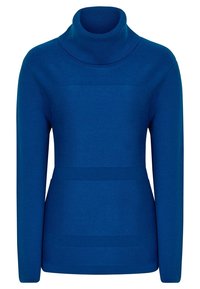 Maglione blu a collo alto con texture a coste, sezioni lisce e un design aderente caratterizzato da un pannello centrale leggermente patternizzato.