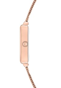 Roze gouden rechthoekige horloge met een gevlochten armband, voorzien van een zilveren wijzerplaat en een gestructureerde zijknop voor aanpassingen.