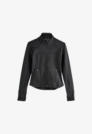 Czarna kurtka na zamek błyskawiczny wykonana z gładkiego, elastycznego materiału. Posiada wysoką stójkę, dwie przednie kieszenie na zamek oraz dopasowane mankiety z otworami na kciuki.