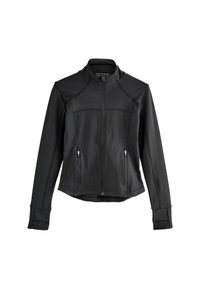 Schwarze Zip-Jacke aus glattem, dehnbarem Stoff. Verfügt über einen hohen Kragen, zwei vordere Reißverschlusstaschen und eng anliegende Bündchen mit Daumenlöchern.