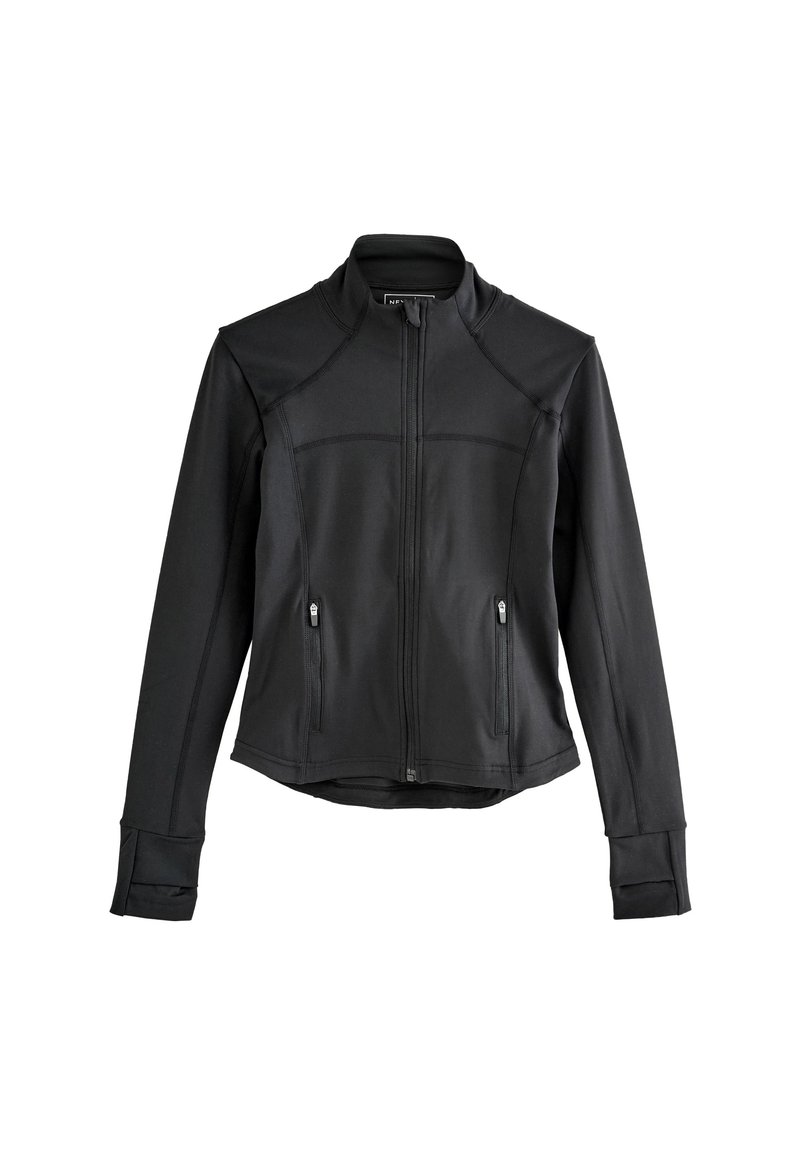 Schwarze Zip-Jacke aus glattem, dehnbarem Stoff. Verfügt über einen hohen Kragen, zwei vordere Reißverschlusstaschen und eng anliegende Bündchen mit Daumenlöchern.