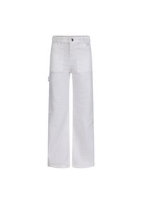 Witte wijde broek van een katoenmix. Beschikt over zijzakken, een knoopsluiting en een zijcargo zak met klep. Mooie gladde textuur.