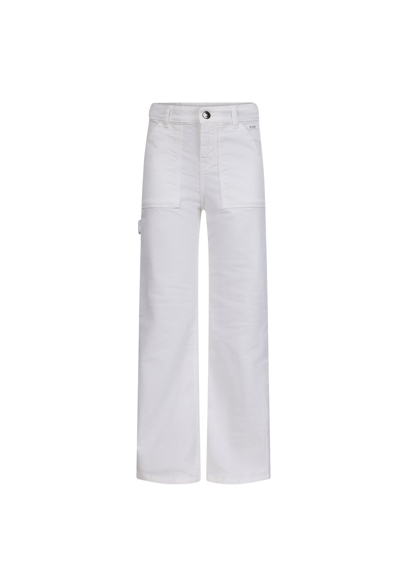 Witte wijde broek van een katoenmix. Beschikt over zijzakken, een knoopsluiting en een zijcargo zak met klep. Mooie gladde textuur.