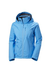 Blauwe waterdichte jas met capuchon, rits voorkant en zijzakken. Zachte textuur en outdoor-georiënteerd design voor veelzijdig gebruik.