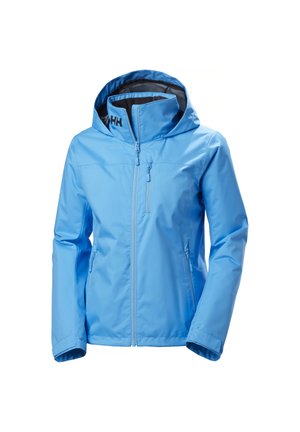 Blauwe waterdichte jas met capuchon, rits voorkant en zijzakken. Zachte textuur en outdoor-georiënteerd design voor veelzijdig gebruik.