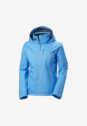 Blue waterproof jacket with a hood, zippered front, and side pockets. Smooth texture and outdoor-oriented design for versatile use.